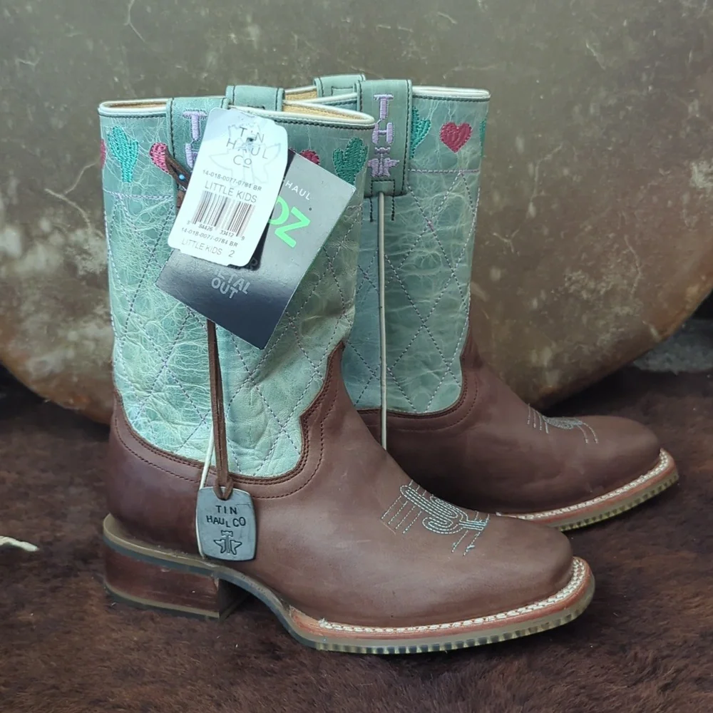 TIN HAUL I<3 Cactus🌵 cowgirl boots brown/lake green/pink sz 2 little girl NWT